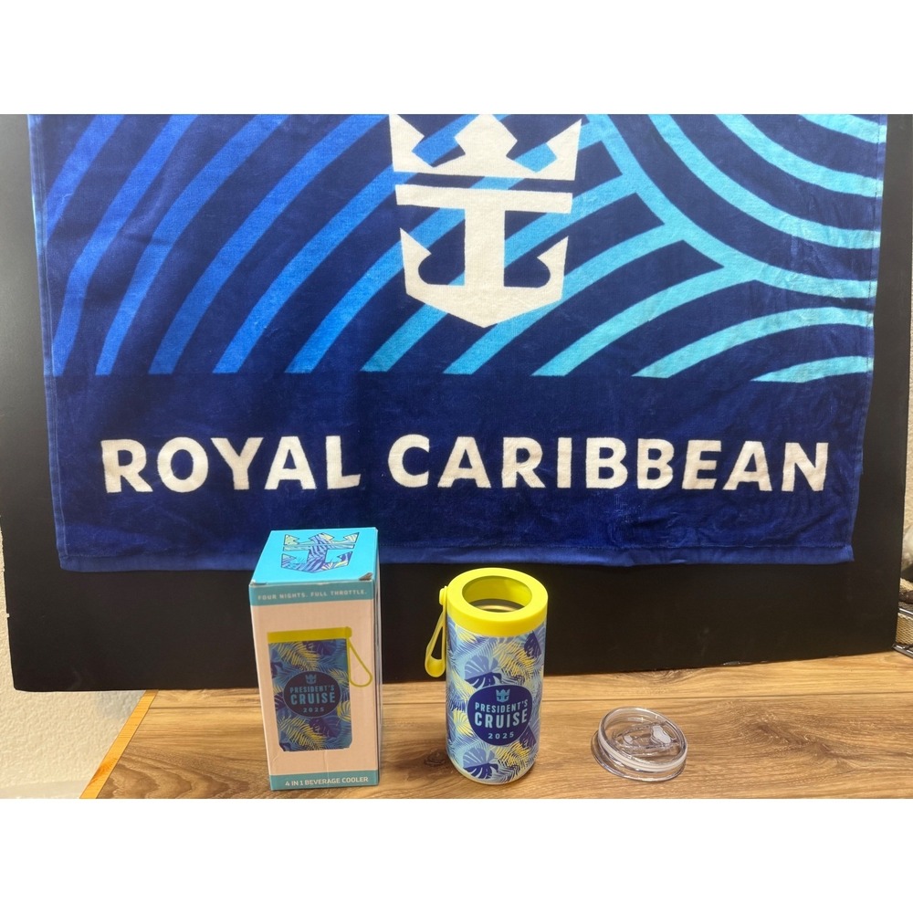 NWOT Royal Caribbean President's Cruise 2025 Beach Towel & Beverage Cooler Blue